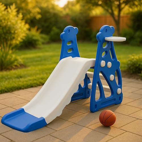 Kidsmate Super Slide for Kids 2-5 Yrs | Indoor & Outdoor Slide with Basketball Ring | Anti-Slip Steps & Safe Rounded Edges | Lightweight & Sturdy | Quick Assembly | Max Load 25kg - Blue & White