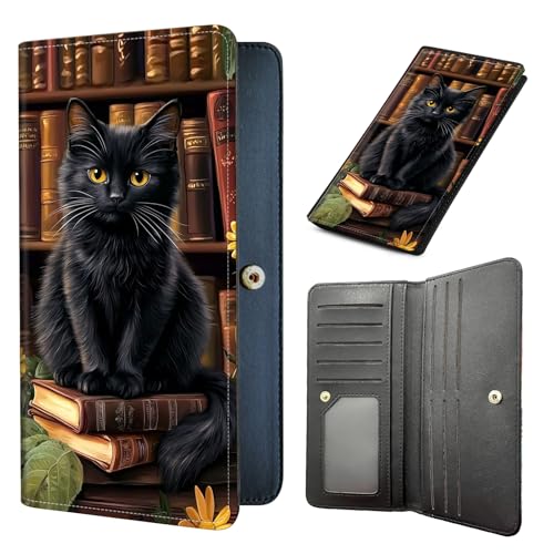 Tudguiloae Long Women Wallet, Ultra Slim Thin Wallet for Women, RFID Blocking PU Leather Credit Card Holder, Multi-Card Slots Business Travel Bifold Clutch Black Cat Book Ladies Billfold