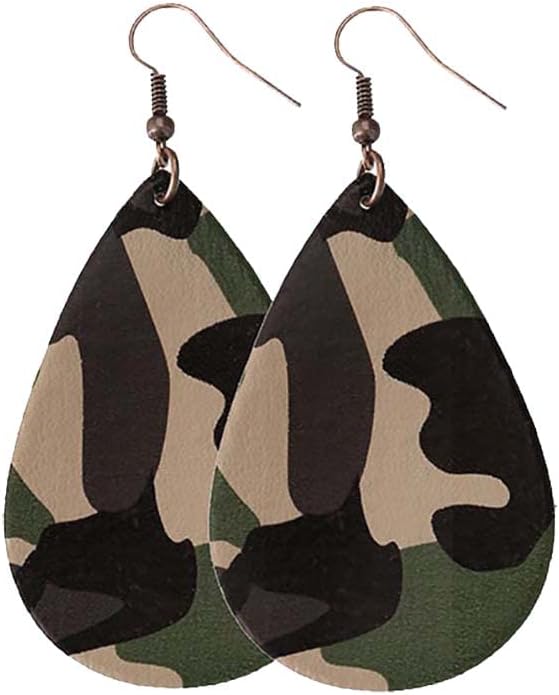 Camo Earrings for Women,Camouflage Leather Dangle Earrings Cool Lightweight Teardrop Green Camouflage Leather Drop Earrings