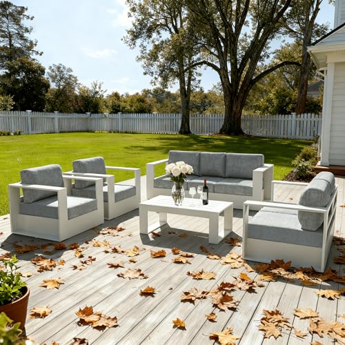 Image of LayinSun Oversized Aluminum Outdoor Furniture Set, 4 Piece Patio Sofa Sets with Coffee Table, Deep Seating and Upgraded 6-inch Cushions for Porch, Balcony, Deck