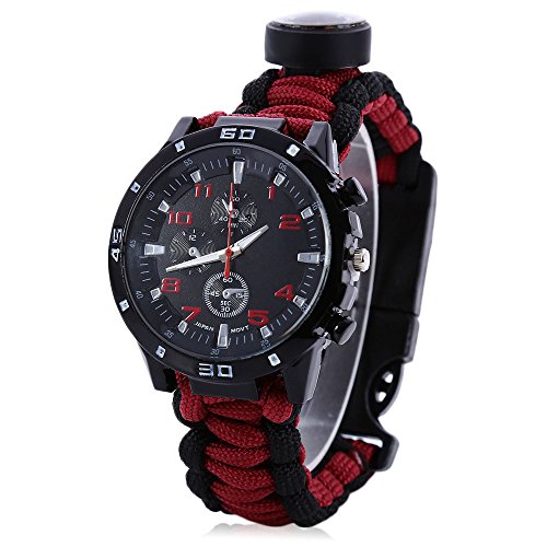 Men Women Emergency Survival Watch with Paracord,Compass,Whistle,Fire Starter, Analog Watches, Survival Gear,Water Resistant,Adjustable (Red)