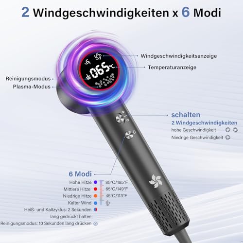 Föhn mit Diffusor, Haartrockner, 400 Millionen Plasma Ionen Fön, 110000 U/min Bürstenloser Motor Schnelles Trocknen Haarföhn, 57dB Geräuscharm Hair Dryer, Haarfön für Reise, Zuhause