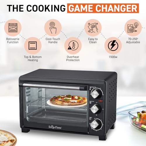 Image of Surya Flame Oven Toaster Griller With ISI Marked (OTG) - 21 litres, Black, Auto-Shut Off, Heat-Resistant Tempered Glass, Multi-Stage Heat Selection | Bake, Grill, Roast | Easy clean