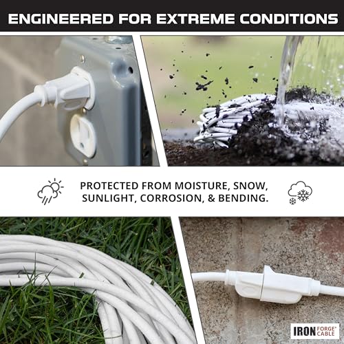 Iron Forge Cable Weatherproof 15 Ft Outdoor Extension Cord - 16/3 SJTW Heavy Duty White Extension Cord 15ft 3 Prong - 13 Amp Exterior Power Cable