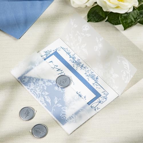 30 Set Wedding Invitations With Envelopes and Rsvp Cards, Dusty Blue Wedding Invitations,Include 5x7 inch Fill-in Invitation,Vellum Wrap,Rsvp Card, Self Seal Envelopes,Silver Wax Seal Stickers by Spelable - Image 3