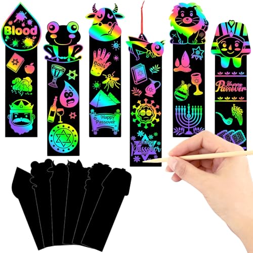 JUNEBRUSHS 30Pcs Passover Scratch Bookmarks, Rainbow Magic Scratch Paper Art Passover DIY Craft Kit for Students Classroom Activity Party Favors