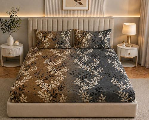 Image of Castiqa Elastic Fitted Supersoft Premium Brushed Cotton 200TC King Size Bedsheets with 2 Pillow Covers (Fits Upto Mattress of 10 Inches) (King (72x78), Beige Damask)