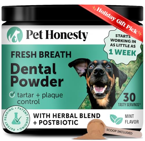 Dog Breath Freshener Dental Powder for Teeth Cleaning Plaque Off, Dental Care for Dogs, Tartar Remover for Teeth with Natural Herbal Blend + Postbiotics (Mint - 30 Servings)