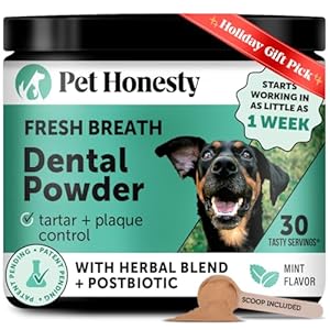 Ambientador de aliento para perros en polvo dental para limpieza de dientes, cuidado dental para perros, removedor de sarro para dientes con mezcla natural de hierbas + postbióticos (menta, 30