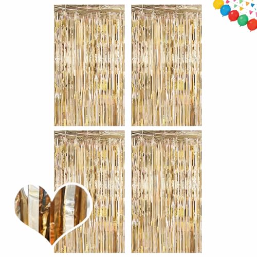 4 Stück Lametta Vorhang Champagnerfarbene, 1mx2m Glitzer Lamettavorhängen Champagner Gold, Glitzer Party Vorhang, Glitzervorhang Lamett, Metallische Glitzervorhang Fringe für Geburtstage Hochzeit Deko