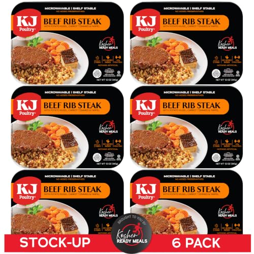 KJ Poultry Kosher Ready Meals - Beef Rib Steak & Kugel, MRE Meat Meals Ready to Eat, Shabbat Food (6 Pack) Prepared Entree Fully Cooked, Shelf Stable Microwave Dinner Travel Military Camping Survival
