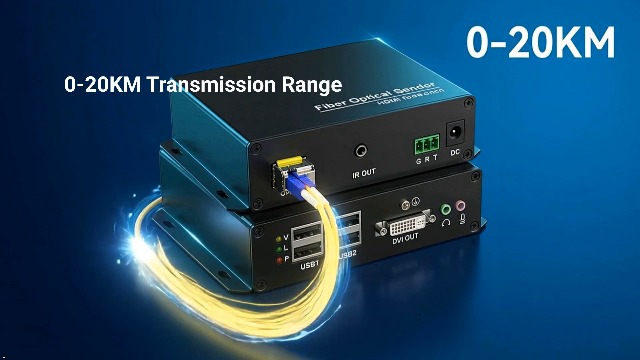 Image of DVI KVM USB Extender Over Fiber 4K@30Hz EMI Immunity Up to 20km (12.4 Miles), Remote Keyboard & Mouse, EDID, RS232, IR, Zero Latency