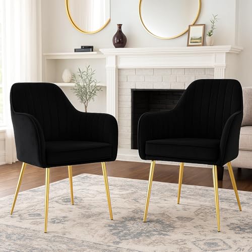 Image of Velvet Accent Chair | Luxury Upholstered Armchair with Sturdy Metal Legs | Modern Comfortable Chair for Living Room, Bedroom, Office, or Cafe (Golden Legs, Black Set of 2)