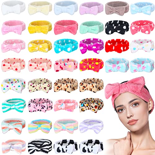 Yinder 40 Pack Bow Spa Headband Coral Fleece Makeup Headband Soft Face Wash Headbands Cosmetic Skin Care Headbands Facial Head Wraps Cute Bow Head Bands for Women Girls Shower Supplies(Various Style)
