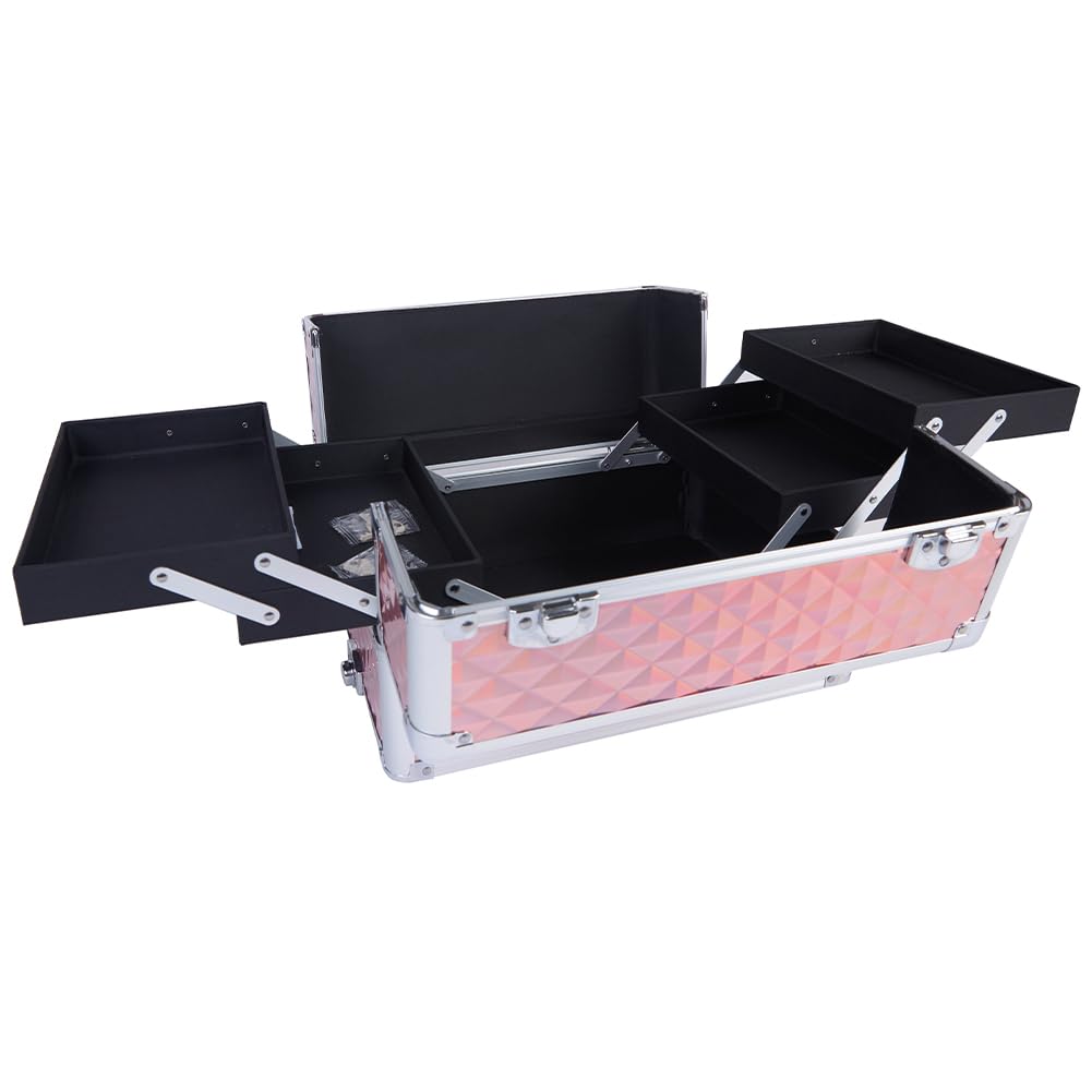 BAKAJI Trolley Make Up 3 in 1 Professionale con Trama Oleografica a Triangolare, Beauty Case Estetista Portatile, Valigia Porta Trucchi con Ruote Staccabili, Valigetta Organizer Makeup Viaggio (Rosa)