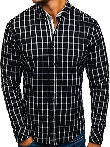 BOLF Hombre Camisa de Manga Larga A Cuadros Cuello Americano Slim Fit Estilo Casual 8825 Negra M [2B2]