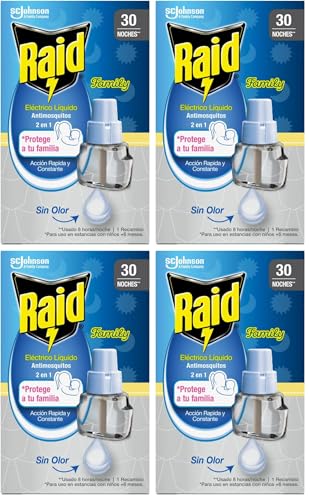 Raid Recambio Eléctrico Líquido Family 30 noches - Cargador para aparato enchufe anti mosquitos comunes y tigre 2 en 1, mata y ahuyenta, Multicolor (Paquete de 4)