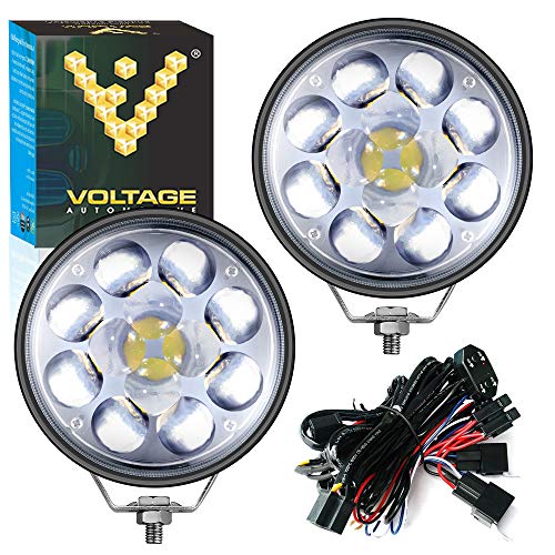 Voltage Automotive 5 Inch Round LED Pods Work Light with 4D Lens Spot Light Dual Beam High Low Beam 8000K for Off Road Truck 4x4 Jeep SUV ATV Vehicles Boat Marine and Automotive (2 Pack With Harness)