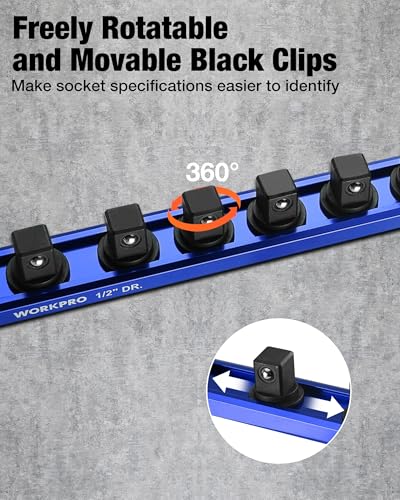Image of WORKPRO Magnetic Socket Organizer, 1 /2 inch Drive Aluminum Alloy Socket Holder with 10PC Removable Socket Clips for Quick Customization, Socket Rail for Tool Box Drawer (Sockets Not Included)
