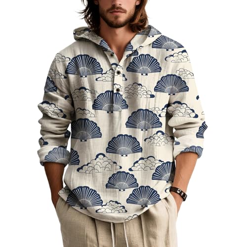 LOAIHA Men's Boho Print Terry Cloth Hooded Sweatshirt Lightweight Long Sleeve Pullover Relaxed Fit Top For Spring Fall