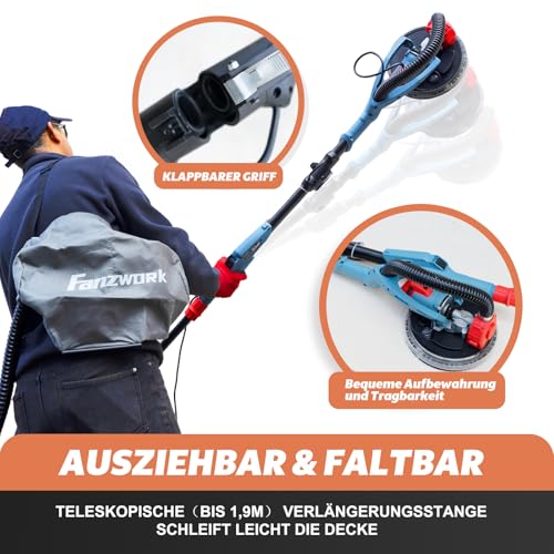 FANZTOOL Trockenbauschleifer 750W mit Integriertem Staubsauger, Ø 225 mm, bis 120° Neigbarer Schleifkopf,1,9m Teleskopierbar,Wand & Deckenschleifer inkl. 12 Schleifscheiben & LED-Arbeitsleuchte
