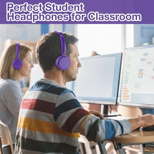 Image of Yunsailing 18 Pack Classroom Headphones Bulk, Wired Headphones,Purple | Student School Supplies, Individually Wrapped, Adjustable, over Ear Head Earbuds, for Laptop PC Computer