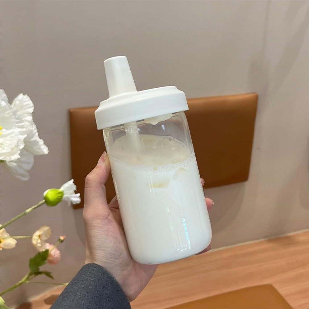 AIKEOU 500ml Straw Cup with Lid, Reusable Plastic Water Bottle for Juice Milk Bubble Tea, Leak-Proof Portable Drinkware for School Work Travel, White,White 500ml
