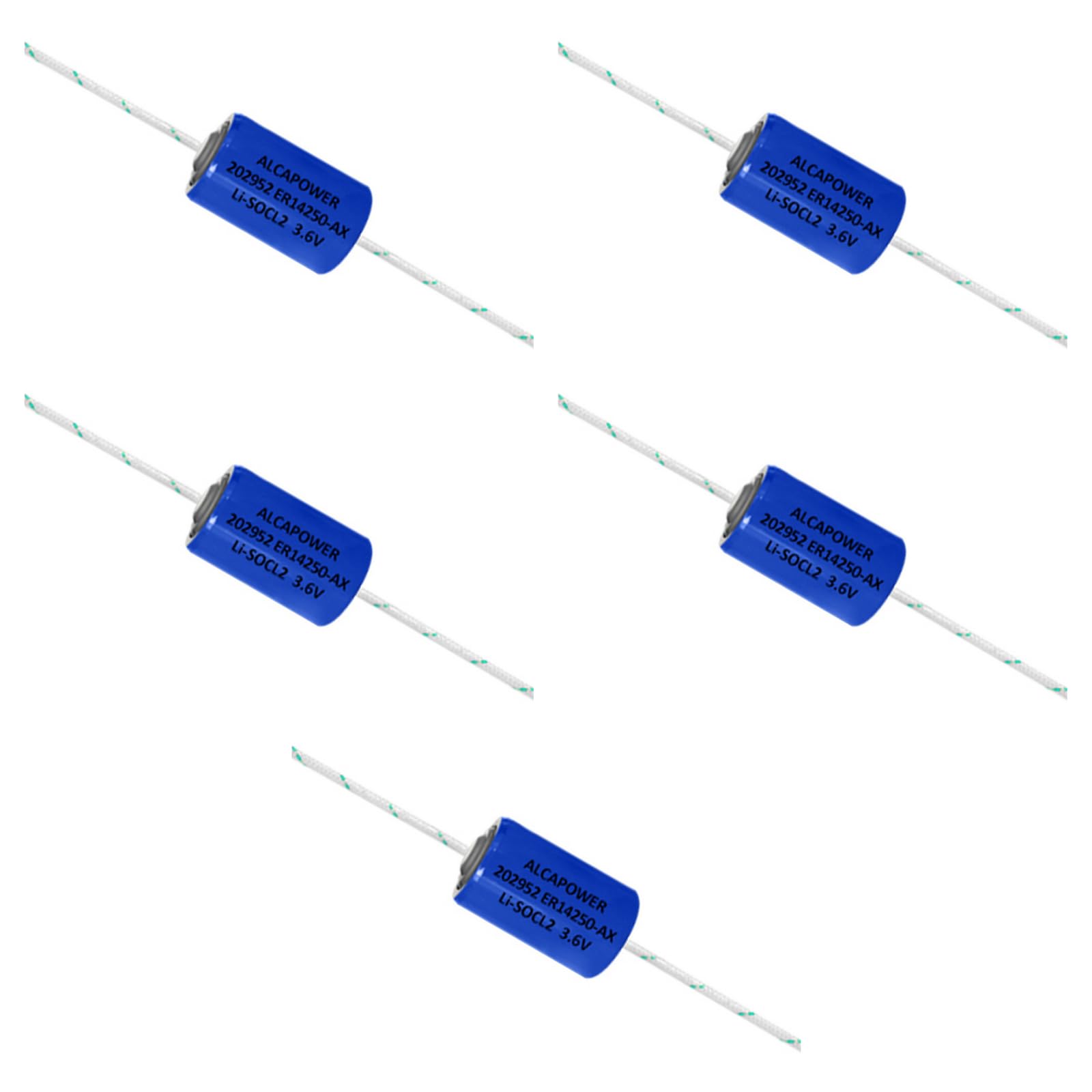 5x Pila Li-SOCL2 1/2AA ER14250 3,6V 1200mAh 1,2Ah, alta capacità, con reofori, lamelle, dimensioni 14 × 25 mm, per sensori, allarmi, dispositivi smart, lunga durata, batteria, litio cloruro di tionile
