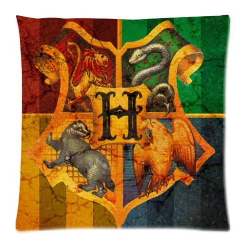 Custom Cotton & Polyester Soft Square Zippered Cushion Throw Case Pillow Case Cover 18X18 (Twin Sides) - Harry Potter Hogwarts Badges Red Yellow Green Navy Collage Stripe Split Land Map Personalized Cool Pillowcase