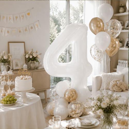 Image of SUWEN 40 Inch White Large 4 Balloon Number Big Foil Helium Numbers 0-9 | Giant Jumbo Happy 4th Birthday Party Decorations for Men or Women Huge Mylar Anniversary Party Supplies