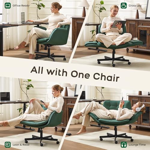 Image of amseatec Criss Cross Office Chair, PU Leather Vanity Chair with 5-Level Adjustable Armrests & Swivel, Ergonomic Criss Cross Chair for Home Office Bedroom Makeup（Green）