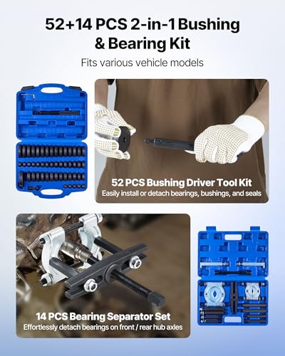 Image of VEVOR 52pcs Custom Bushing Bearing and Seal Driver Set & 14pcs Bearing Puller Kit, 2 in 1 Bushing Bearing Driver Press Kit, Heavy Duty Removal Installation Tool Set with 49 Bushings, Separators & Jaws