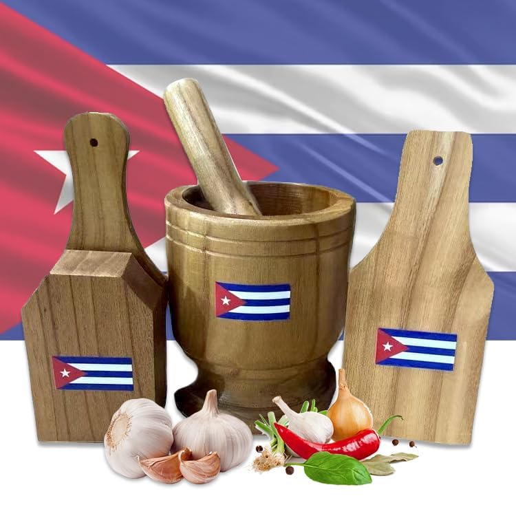 Cuban Coffee Pot & Pilon Set – Traditional Cuban Espresso Maker + 3-Piece Wooden Mortar and Pestle Cuban Kitchen Combo Gift Set