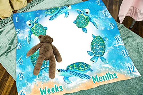 Image of Baby Monthly Milestone Blanket, Blue Sea Turtle Baby Age Blanket Beach Photo Backdrop Baby Blanket, 48x40 Inch Blue Baby Growth Chart Memory Blanket BTLSLY373