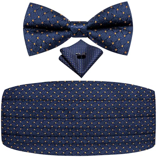 Image of Dubulle Mens Cummerbund and Bow Tie Set Paisley Floral Pretied Bowties for Men Pocket Square Cufflinks Wedding Business