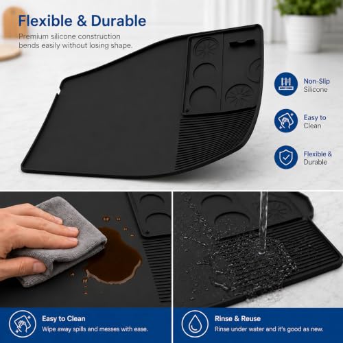 Image of SYINTAO Silicone Slushie Machine Mat with Drying Pad, 23.6 x 15.7 in | Black 2-piece silicone bar mat with raised edge, drain spout and detachable cup organizer for frozen drink and coffee makers