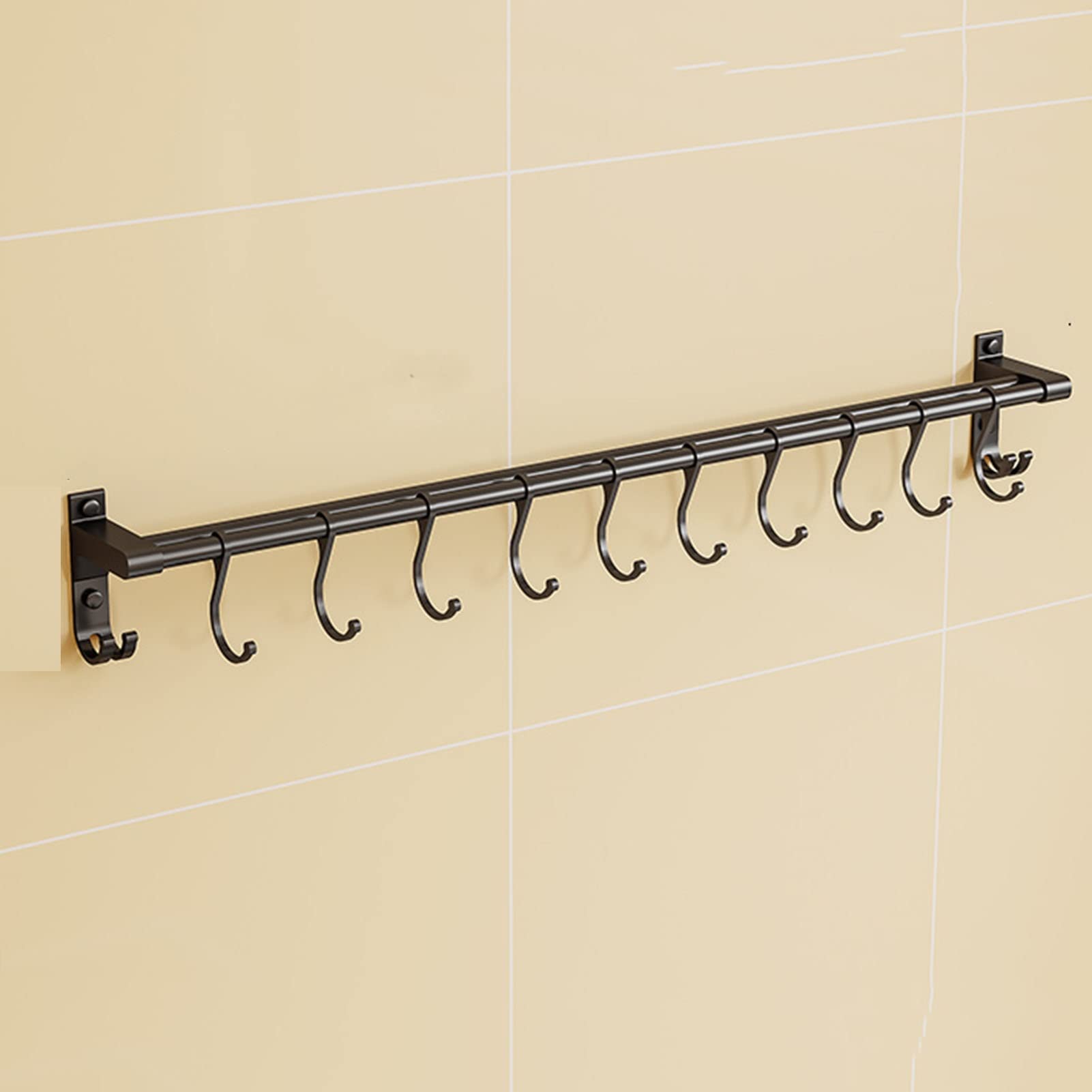 AKALNNB Space Aluminum Utensil Rack, Hanging Kitchen Rail, Utensil Holder, Wall Mounted Kitchen Pots Pans Organizer Hanger with 6 Hooks (30 * 7 * 8.7cm)