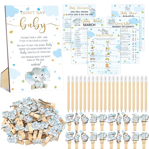 Image of Patelai 321 Pcs Elephant Baby Shower Decorations Blue It's a Boy Baby Shower Games 5 Set Don't Say Pencils Clothespins Sign Serve 50 Guests for Blue Elephant Gender Reveal Birthday Party Supplies