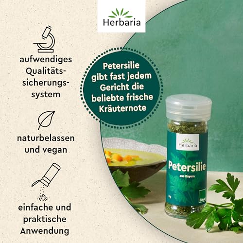 Herbaria Petersilie BIO | Getrocknet in BIOLAND Qualität | Fein-würziges Gewürz für Suppen, Soßen & Gemüsegerichte | Küchenkräuter Frisches-aromatisch | Premium Bio-Gewürz im 8g Gewürzstreuer