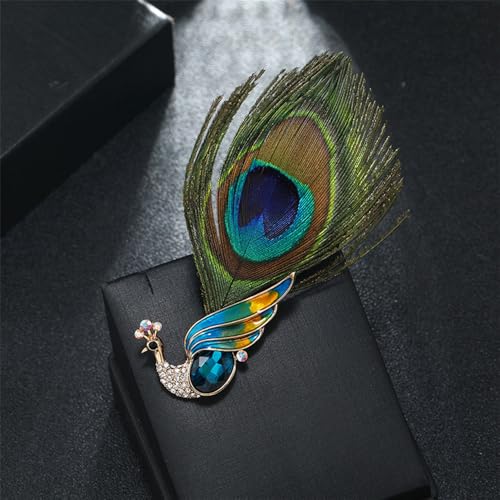 Image of Rhinestone Peacock Feather Brooch for Women Girls Gold Plated Fashion Artificial Blue Green Bird Animal Brooches Lapel Pins Hat Bag Suit Dress Accessories Wedding Anniversary Jewelry Gift