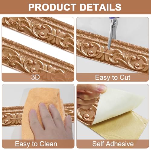 Bordüre Selbstklebend - 10m x 8cm x 5mm - 3D Stuckleisten Wand, Zierleisten Selbstklebend, Wasserdicht Wandbordüre, Leisten Selbstklebende, Roll Border Trims für Ecken Linien Decken Dekoration, Kupfer