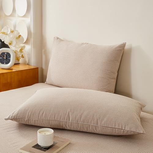 Image of EAVD Tan Plaid Gingham Duvet Cover Full Soft 100% Washed Cotton Reversible Tan and White Plaid Duvet Cover with 2 Pillowcases Farmhouse Ginggham Bedding Set with Zipper Closure