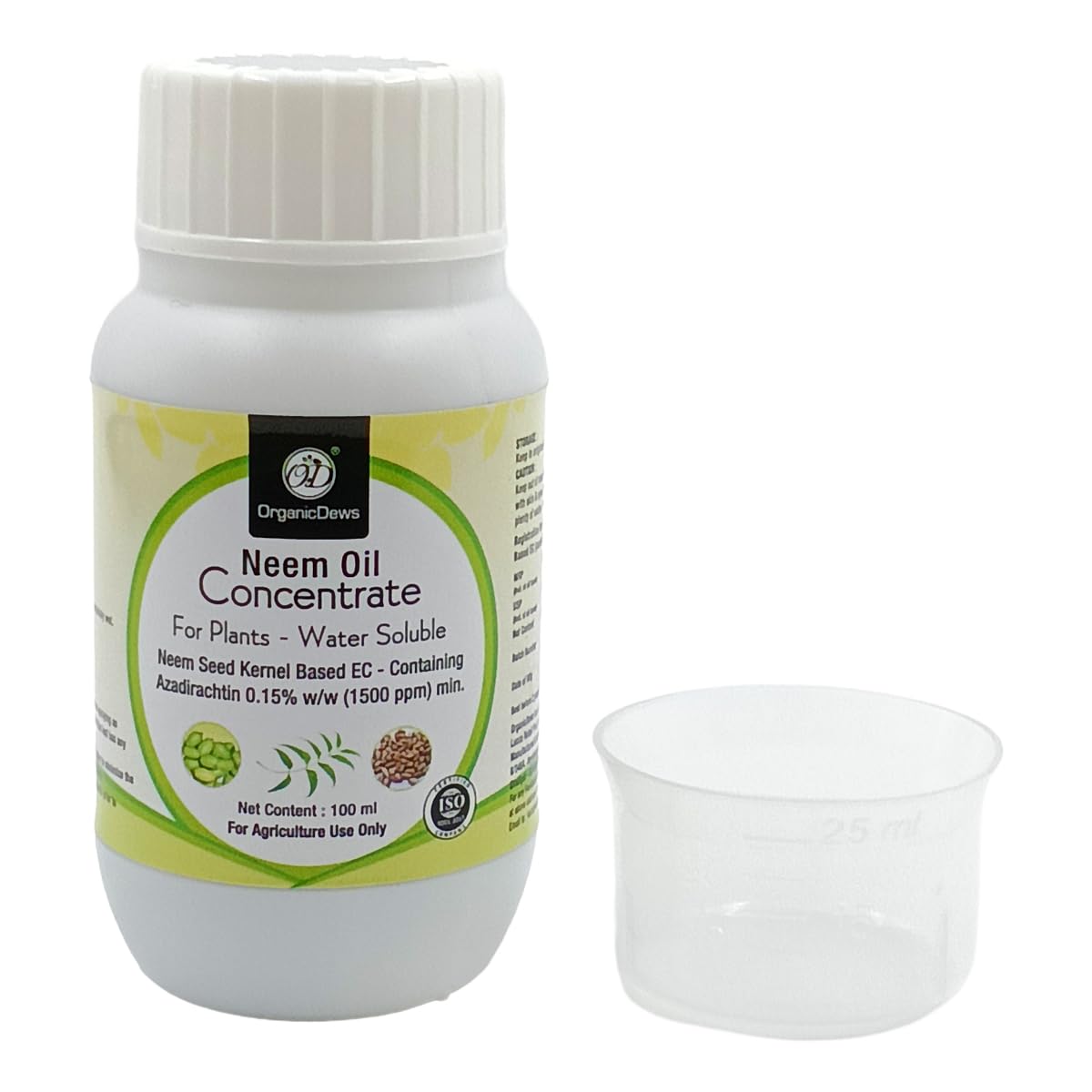 OrganicDews Neem Oil 1500 PPM (Water Soluble) Concentrate for Plants 100 ml with Measuring Cup 25 ml - Controls Garden Insects and Fungus in Plants 100 ml