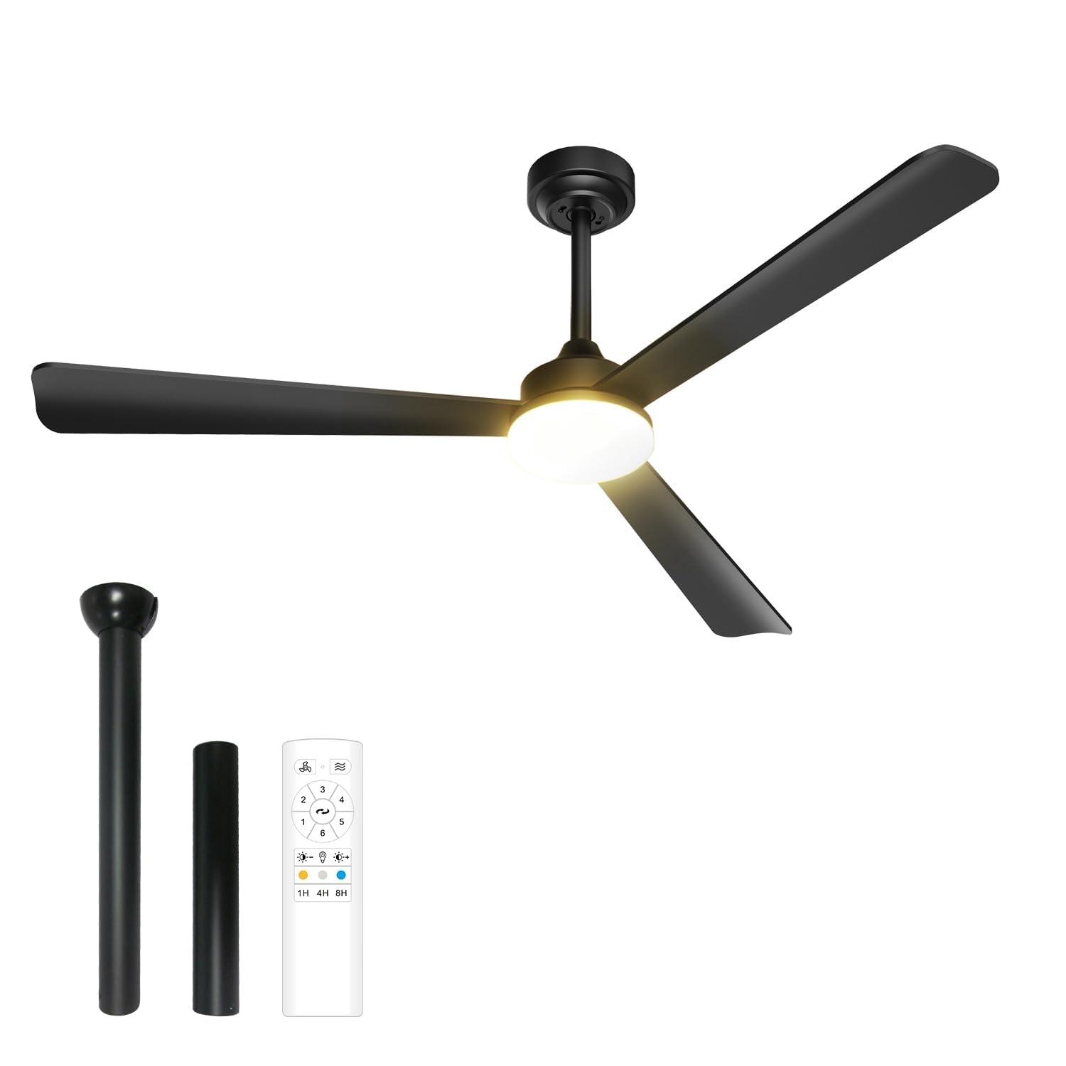 Deckenventilator mit Beleuchtung und Fernbedienung, 132 cm/52 Zoll, 3 Flügeln, Timer, 3 Farbtemperatur, 6 Geschwindigkeiten, Umkehrbar DC Motor, für Schlafzimmer Wohnzimmer