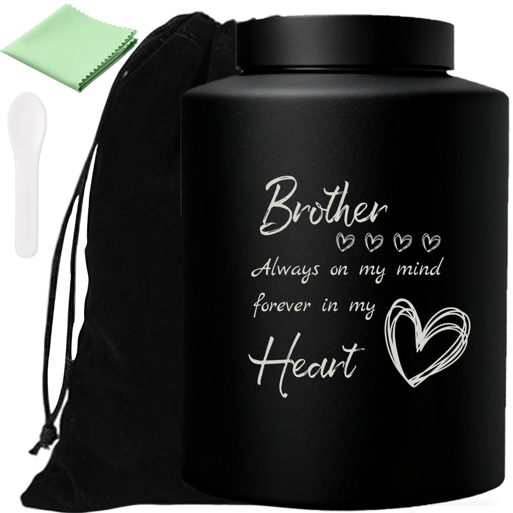 PRESSINART Urns for Ashes 15 x 10 cm Black Stainless Steel Large Design, Brother Ashes Urn with Drawstring Bag Spoon Polishing Cloth Heart Keepsake for Memorial Funeral Decoration Remembrance Gift