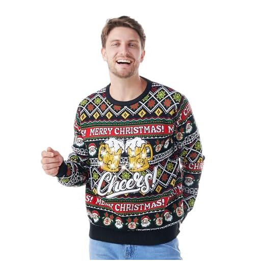 Giggling Getup Suéter de Navidad feo brillante para hombre, divertido y feo suéter navideño con luces LED, suéter de vacaciones de Navidad en negro, Negro , L
