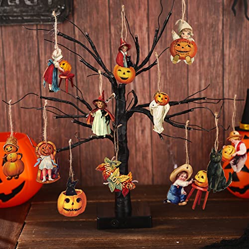 Image of 24 Pcs Halloween Wood Ornaments for Tree Vintage Halloween Decorations Hanging Sign Happy Pumpkin Witch Black Cat Skull Decorative Ornaments for Holiday Party Home Decor