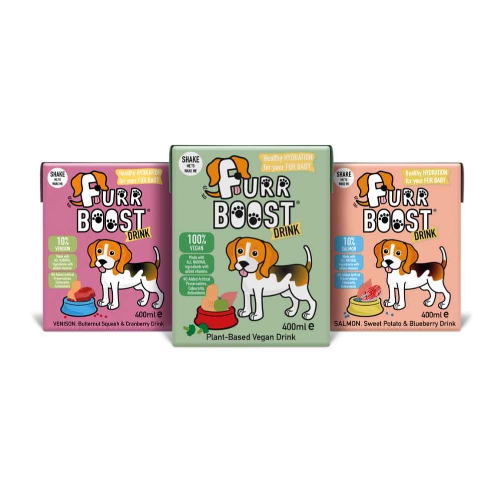 Furr BoostDog Drink Hydration Pack Taster Set (3x400ml) | 100% Natural Rehydration Smoothie for Dogs | Venison, Salmon & Plant-Based | No Additives or Preservatives | More Benefits than Bone Broth