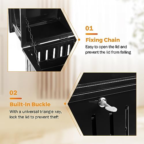 BEAMNOVA Trash Can Outdoor Top Tray Black Stainless Steel Commercial Garbage Enclosure with Locking Lid Heavy Duty Industrial Yard Garage Waste Container, 35.5 * 15.8 * 15.8 in