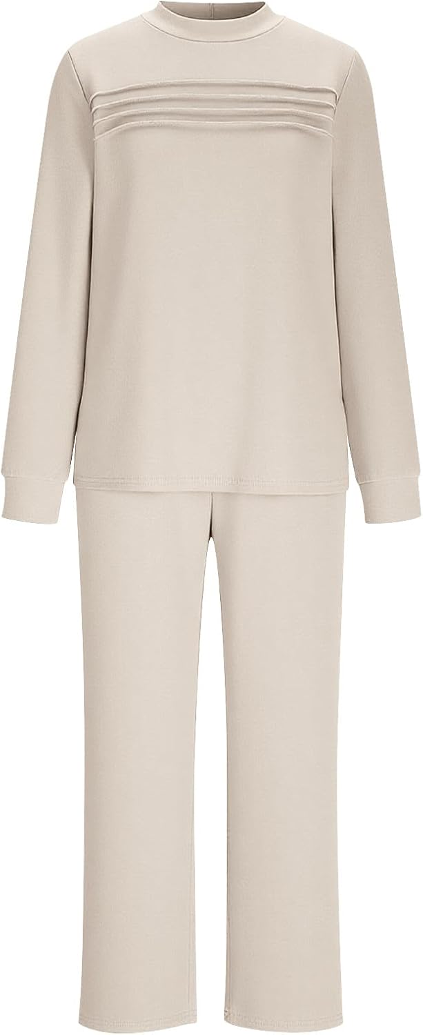 Womens Sweatsuits 2 Piece Sets Travel Outfits Spring Matching Lounge Set Long Sleeve Pleated Shirts Wide Leg Pants